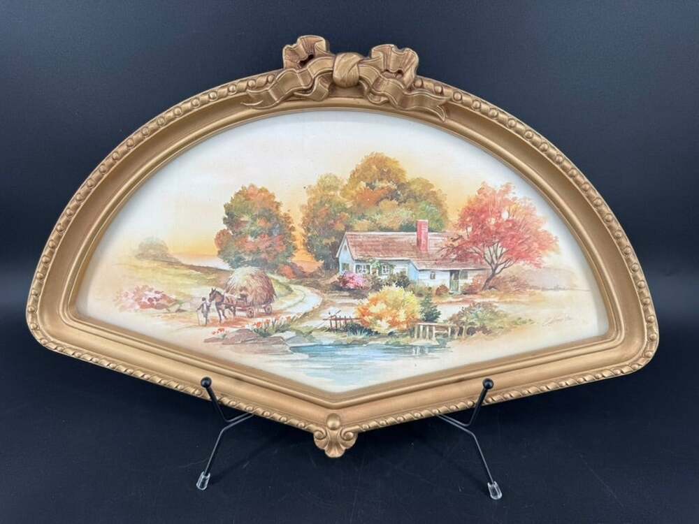 Vintage HOMCO Autumn Harvest Lena Liu Cottage Print Gold Fan Frame Horse & Hay